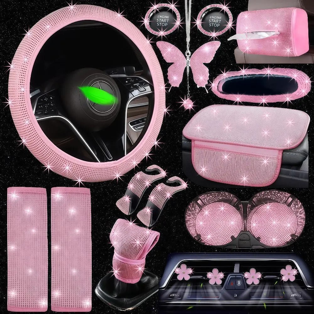YASEENLIN Bling Pink Car Set for Women 18pcs Glamorous Rhinestone Interior Accessories 15 Inch Steering Wheel Covers tissue box Mirror Protectors Armrest Pads Decorative Accents Universal Fit,crystal glitter Car Trinkets Automotive, Cars Accessories