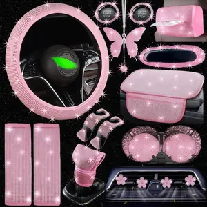 YASEENLIN Bling Pink Car Set for Women 18pcs Glamorous Rhinestone Interior Accessories 15 Inch Steering Wheel Covers tissue box Mirror Protectors Armrest Pads Decorative Accents Universal Fit,crystal glitter