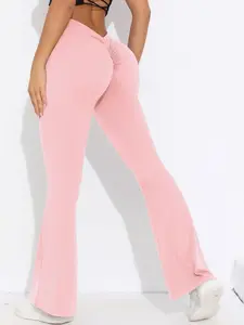 Women's Solid Color Ruched Design Flare Leg Sports Pants, High Stretch Casual Comfy V Waist Butt Lifting Bell Bottom Trousers for Yoga Gym Workout, Ladies Sportswear for All Seasons, Stretchable Activewear