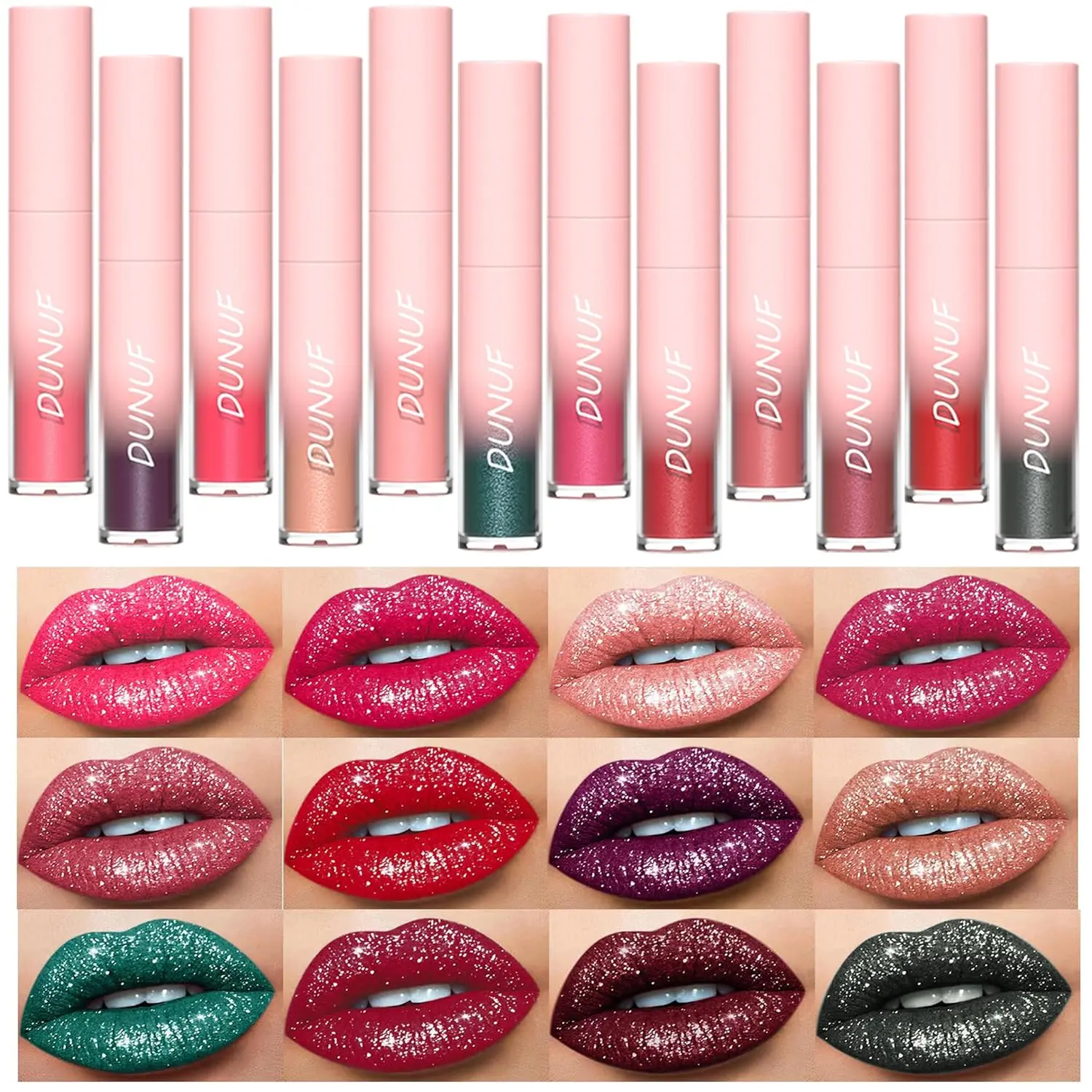 Dulele 12 PCS Diamond Glitter Liquid Lipstick Set, Long Lasting & Non-Stick Cup Metallic Shimmer Matte Full Colour Tinted Lipstick Lip Gloss, Highly Pigmented Shinning Lipstick (Red, M)