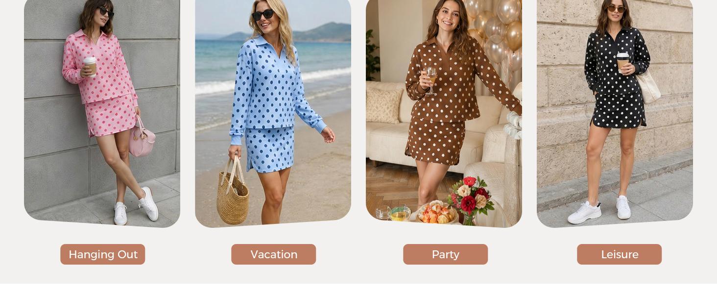 Fisoew Women's 2 Piece Polka Dot Outfit Adjustable Breathable Comfortable Drawstring Fabric Long Sleeve Polo Top & Mini Skirt Casual Loungewear Tracksuit #Summerwins #DealsForYouDays