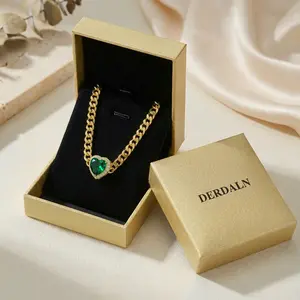 DERDALN 14K Gold Plated Cuban Link Heart Necklace | Chunky Emerald Green Crystal Pendant | Vintage Statement Jewelry with Box