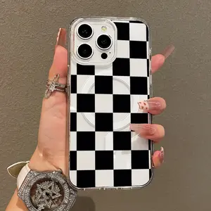 Trendy Magnetic Case for iPhone11/12/13/14/15/16/17/promax, Black and White Checkerboard Ultra Slim, MagSafe Support, Shockproof | Playful & Fun Style