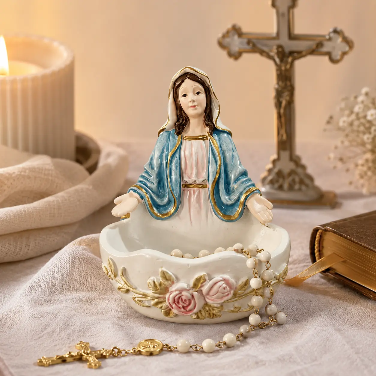 Decorative Resin Blessed Virgin Mary Rosary Holder Tray, Catholic Jewelry Dish & Keepsake Organizer, Religious Home Decor Gift for Women
