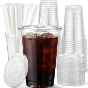 [New Deal] 50 Pack 16oz Thick Plastic Disposable Cups with Lids and Straws - Sustainable, Clear, BPA-Free, Durable for Iced Coffee, Cold Drinks, Floral-Themed Events