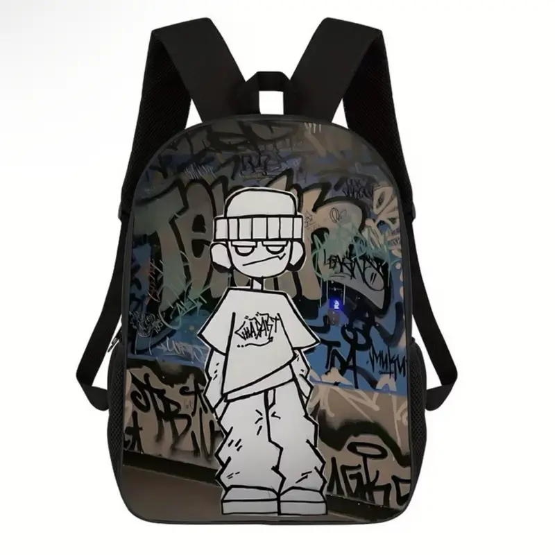 1pc Lightweight Black Unisex Printed Backpack - Adjustable Shoulder Strap, Zipper Closure, Minimalist Design, Casual School Commuter Bag, Sports Gear Duffel Bag