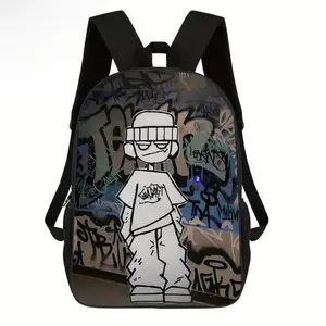 1pc Lightweight Black Unisex Printed Backpack - Adjustable Shoulder Strap, Zipper Closure, Minimalist Design, Casual School Commuter Bag, Sports Gear Duffel Bag
