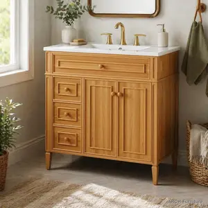 ARCH 36" Bathroom Vanity with Sink, Wood Vanity Cabinet with Flip-Out Drawer, 3 Drawers, 2 Soft-Close Doors, Solid Wood & MDF, Elegant Rubber Wood Handles