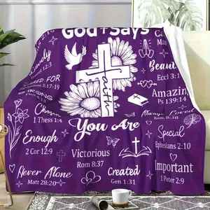 Inspirational Christian Flannel Blanket with Bible Verses, Purple Religious Gift Suitable for Women, Baptism or Recovery Use, Soft and Comfortable Shawl Blanket, Cross, Daisy, and Butterfly Patterns, All-Season Comfort