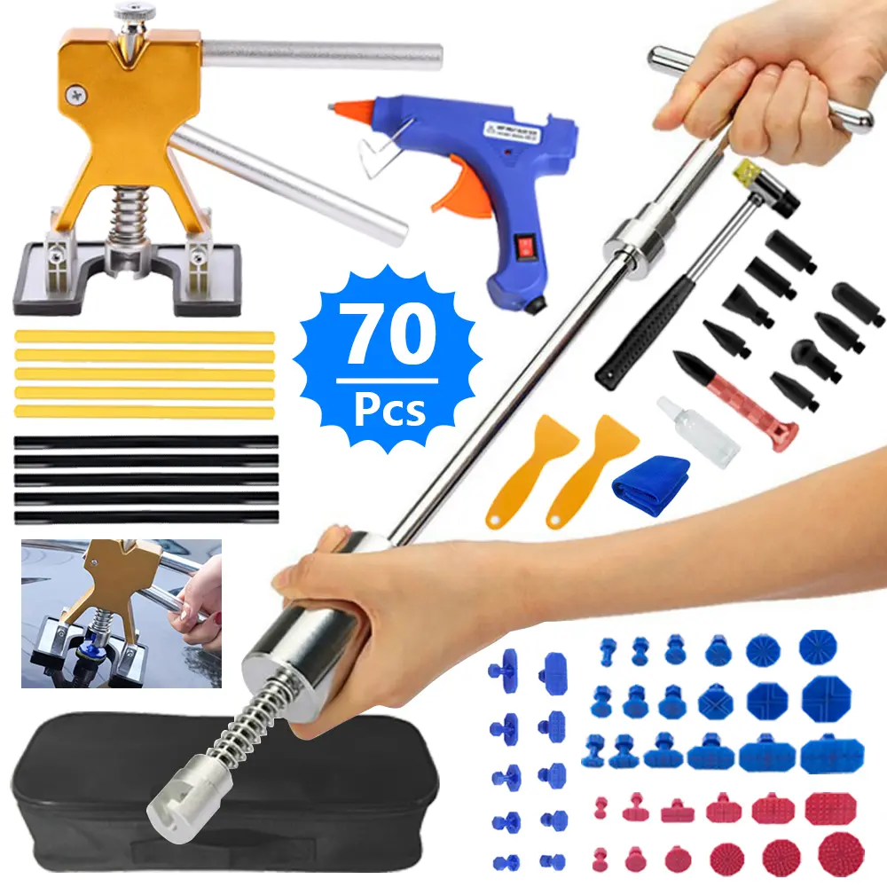 70 Pcs Paintless Dent Repair Kit with Glue Gun, Dent Puller Tool Set with Golden Dent Lifter, T-Bar Puller, Slide Hammer, 18 Pulling Tabs and Storage Bag, 110V US Plug