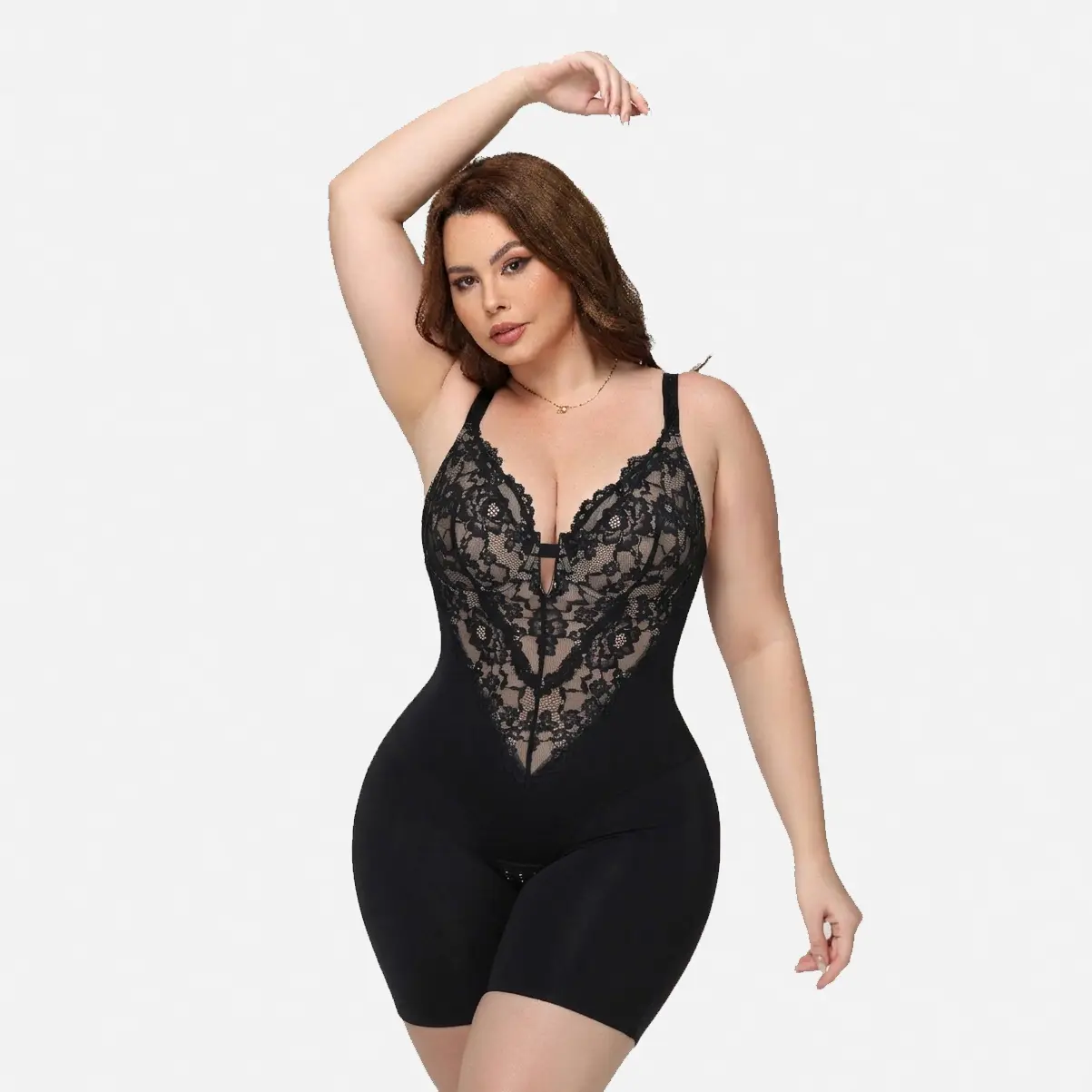 COOSHAPE Women's Bloom Lace V-Neck T-Back Elasticized Moldeadora Flattering Curve Shapewear Bodysuit with Adjustable Straps for Summer Comfort, Elasticized Shapewear Bodysuit, Moldeadora Shapewear Bodysuit