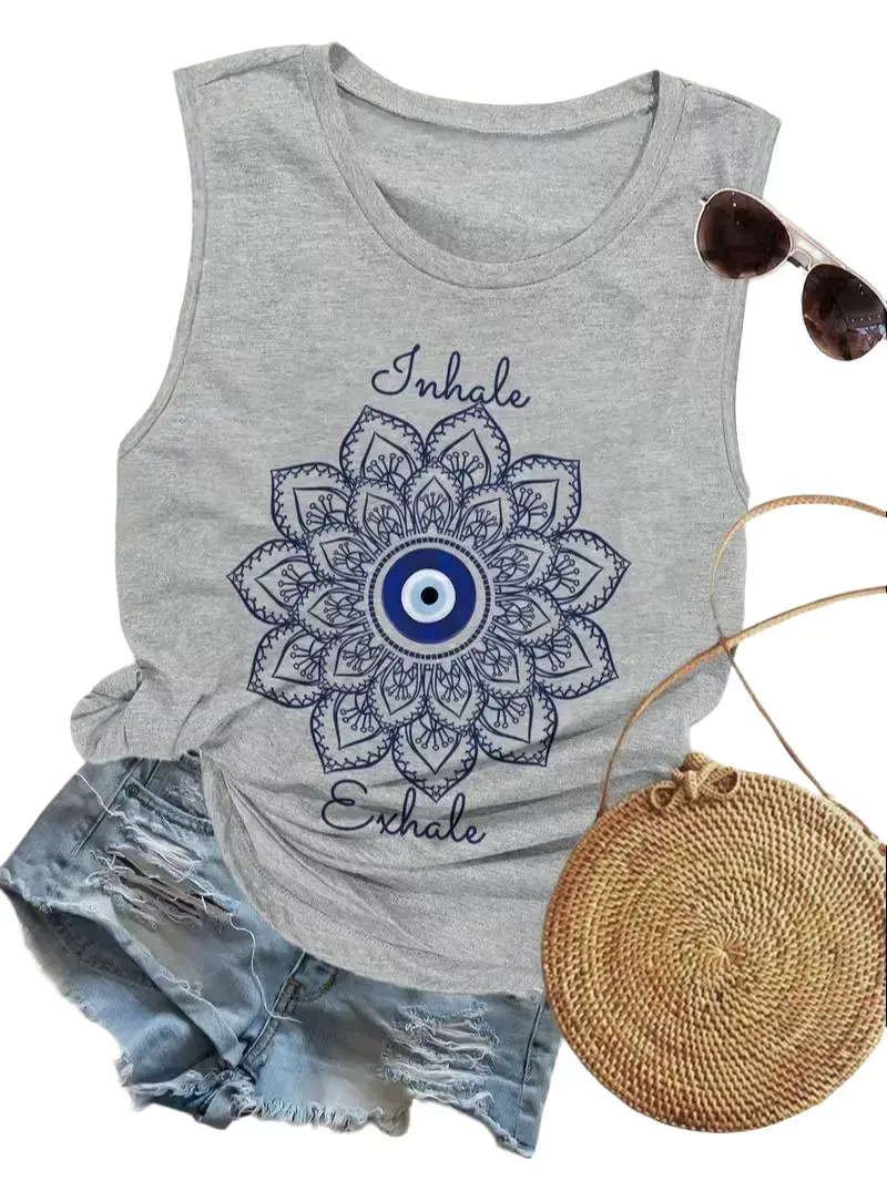 "Inhale Exhale" Evil Eye Mandala Print Tank Top, Boho Yoga Sleeveless Tee, Spiritual Casual Vest