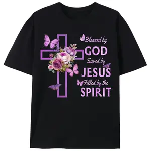 Blessed By God Saved By Jesus Christian T-Shirt |   Purple Cross Butterfly Graphic Tee | Christian Women Gift T-Shirt