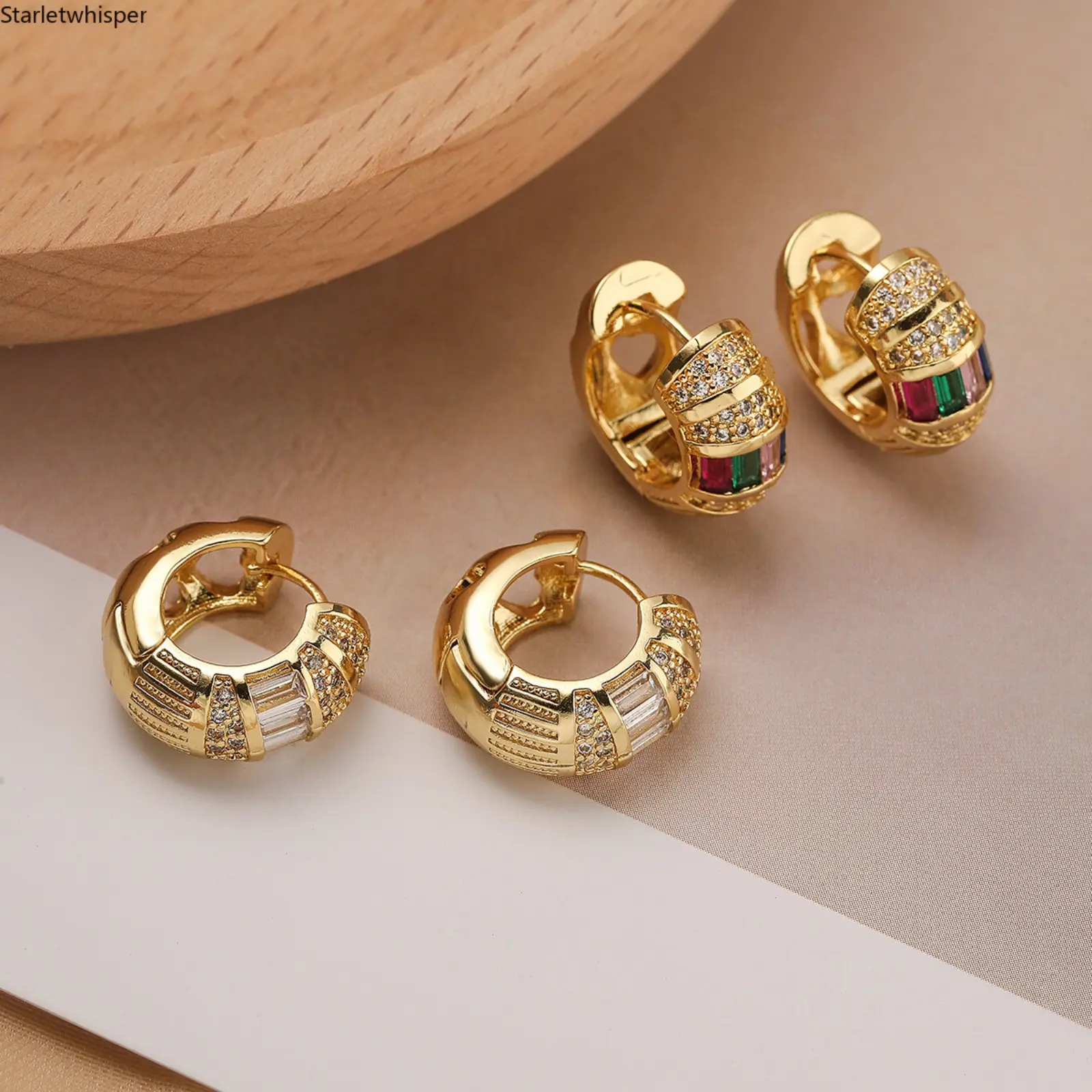 Women's Geometric Hoop Earrings, 18K Gold Plated with Shiny Zircon, Vintage Minimalist INS Style, Luxury High-End Fashion Jewelry for Daily & Party Occasions