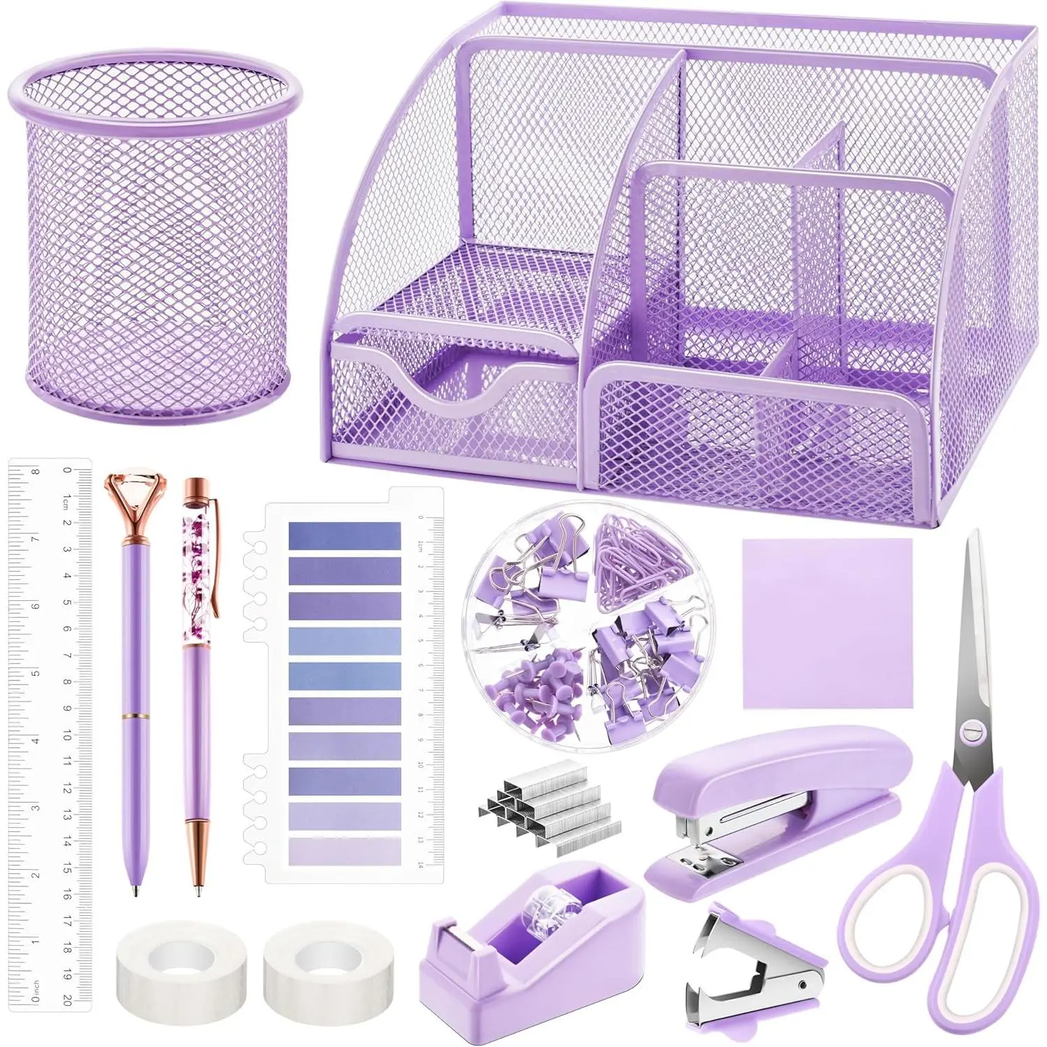 15 count Purple Office Supplies Set Mesh Desk Organizer Accessories Kit Include Stapler Tape Dispenser Staple Remover Clips Ruler  Sticky Notes for Office School Home Women (Purple)