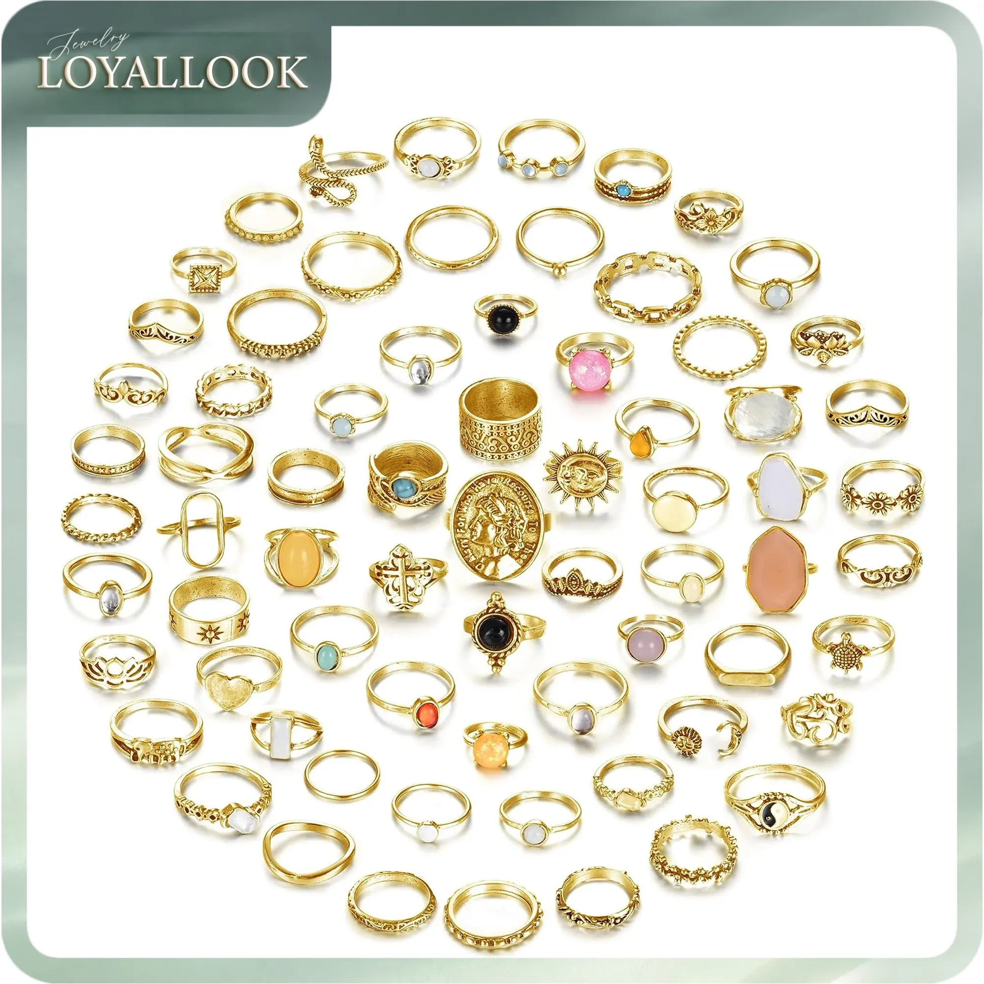 LOYALLOOK  70 Pcs Vintage Crystal Ring Set Knuckle Rings for Women Bohemian Stackable Joint Rings Retro Boho Stacking Joint Finger Rings Pack