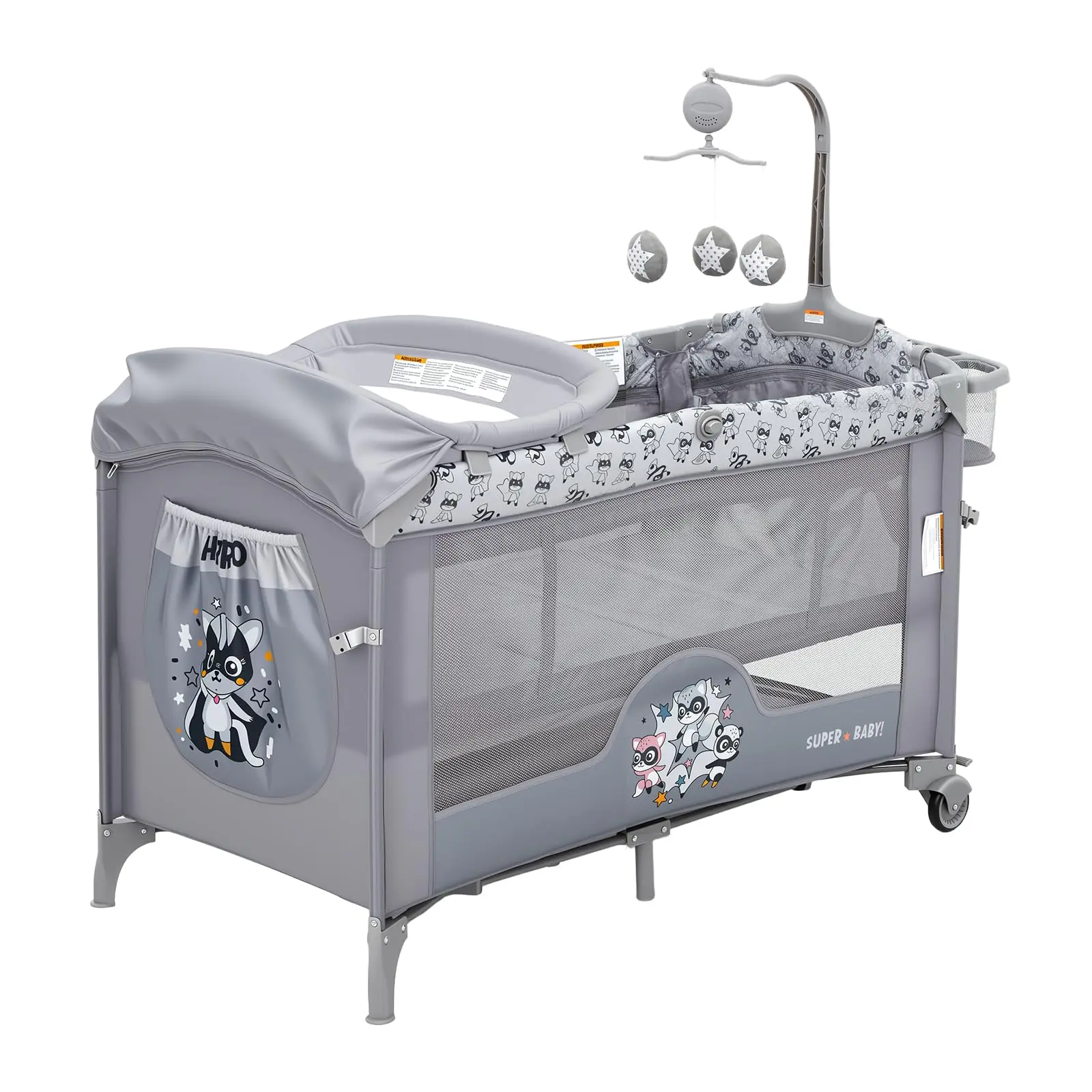 Gaomon 4-in-1 Foldable Portable Baby Nursery Center (Light Grey) - Bassinet for Baby Bedside Sleeper with Adjustable Size, Breathable Mesh, Detachable Changing Table, Locking Wheels, Zip Door, Storage, Toy Bar, Newborn