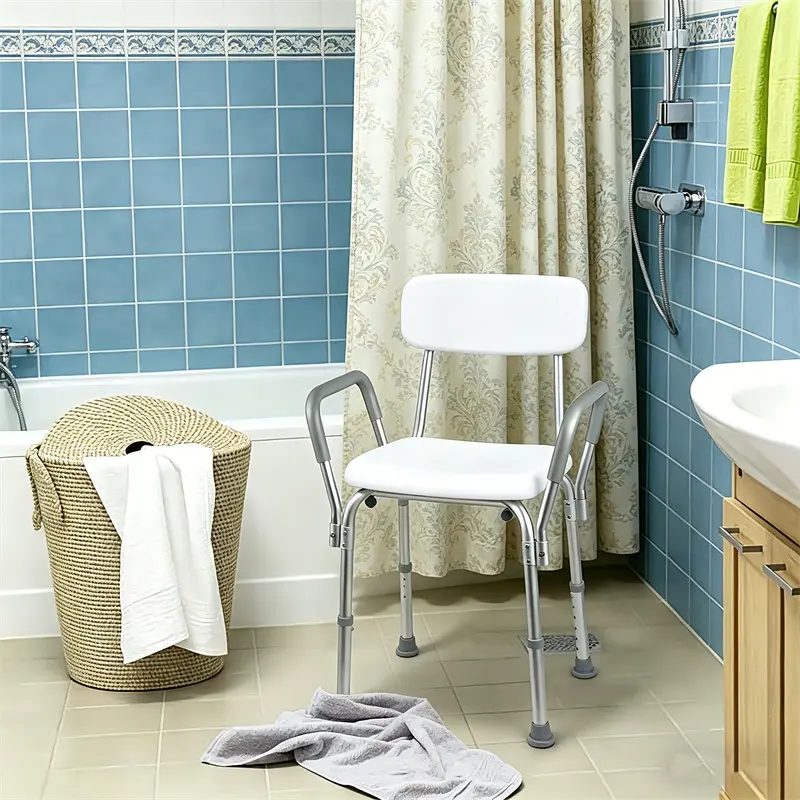 Aluminium Adjustable Shower Chair with Padded Armrests & Back, Lightweight Stable Non-Slip Base Bath Seat for Seniors, 350 lbs Weight Capacity Bathroom Safety Gadget