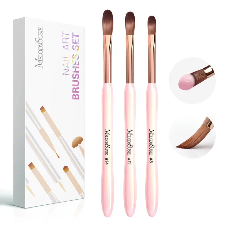 MelodySusie 3Pcs Acrylic Nail Brush Set, Pink | Size 8/12/14 for Extension and 3D Carving,DIY Home Salon Manicure Tool