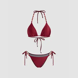 Cider V-neck Beaded Halter Cheeky Bikini Set