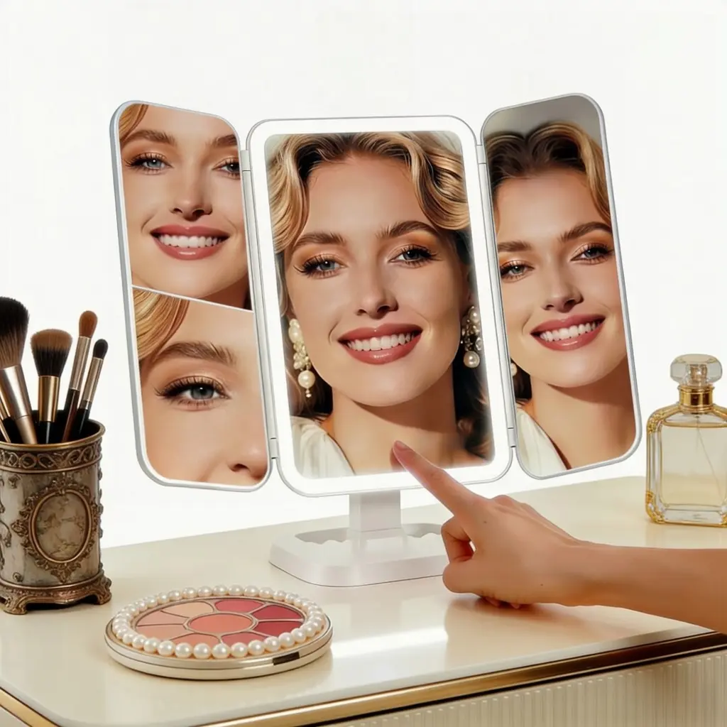 Tri-Fold Lighted Vanity Makeup Mirror with 3x/2x Magnification,21 LEDs Light and Touch Screen,180 Degree Free Rotation Countertop Cosmetic Mirror,Travel  Mirror