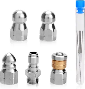 4pcs Sewer Jetter Nozzles with 1/4" NPT Quick Connector, Dowels and Pipe Sealant Tape Stainless Sewer Tool for High Pressure Washer Drain Cleaner Jetting Hose Spray Tips Kit, 5000 PSI