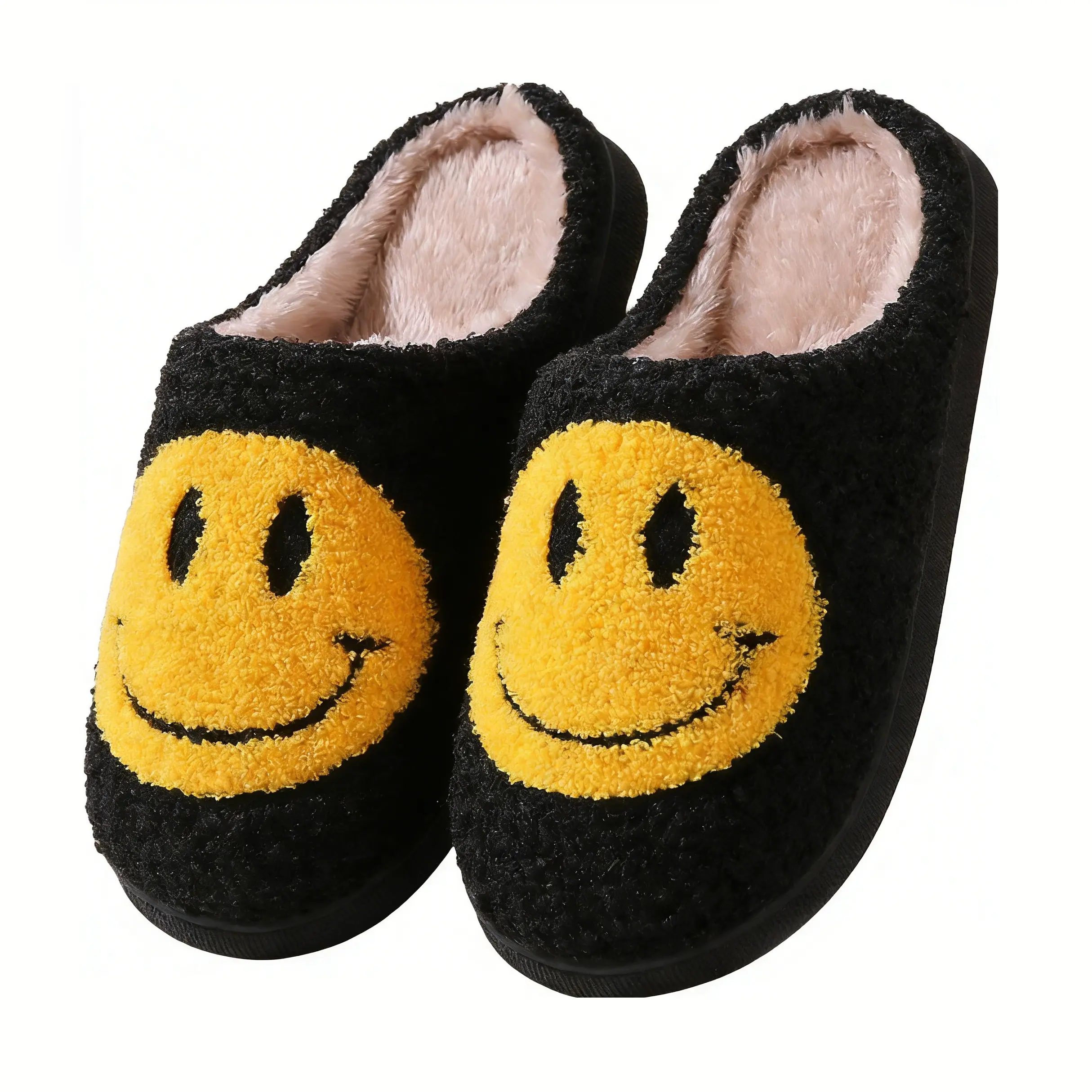 Women's Cute Smile Face Soft Plush Retro Preppy Slip-On Ankle Slippers - Synthetic, Rubber Sole, Slide Design, Cozy Casual Footwear for Busy Days, Versatile Indoor-Outdoor Shoes, Indoors