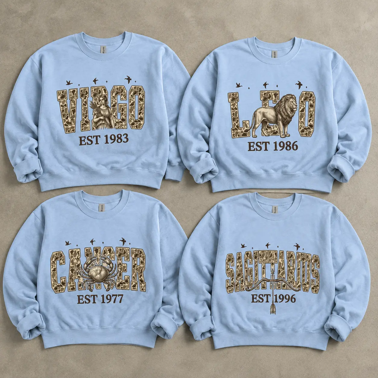 (Leave Add Note or DM Our Shop) Custom Camo Zodiac Sweatshirt with Est Year, LIGHT BLUE Personalized Horoscope Astrology Crewneck Sweatshirt, Vintage Realtree Camo Star Sign Birthday Gift, Unisex Crewneck