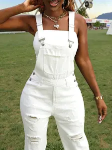 Women’s Casual White Denim Overalls, Distressed Straight Leg Jumpsuit with Adjustable Straps, Comfortable Full Length Bib Pants for Daily Life, Outdoor Activities, Concerts, All Occasions, Denim Bib Coveralls