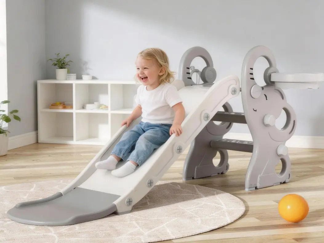 BIERUM ASTM Certified 4-in-1 Foldable HDPE Plastic Toddler Slide Playset - Sports Equipment with Hoop, Ring Toss Pegs, Climbing Steps, Easy Assembly, Holds Up to 110 lbs, for Children Ages 1–3, Indoor-Outdoor Child Development Gift, 4-In-1 Playset