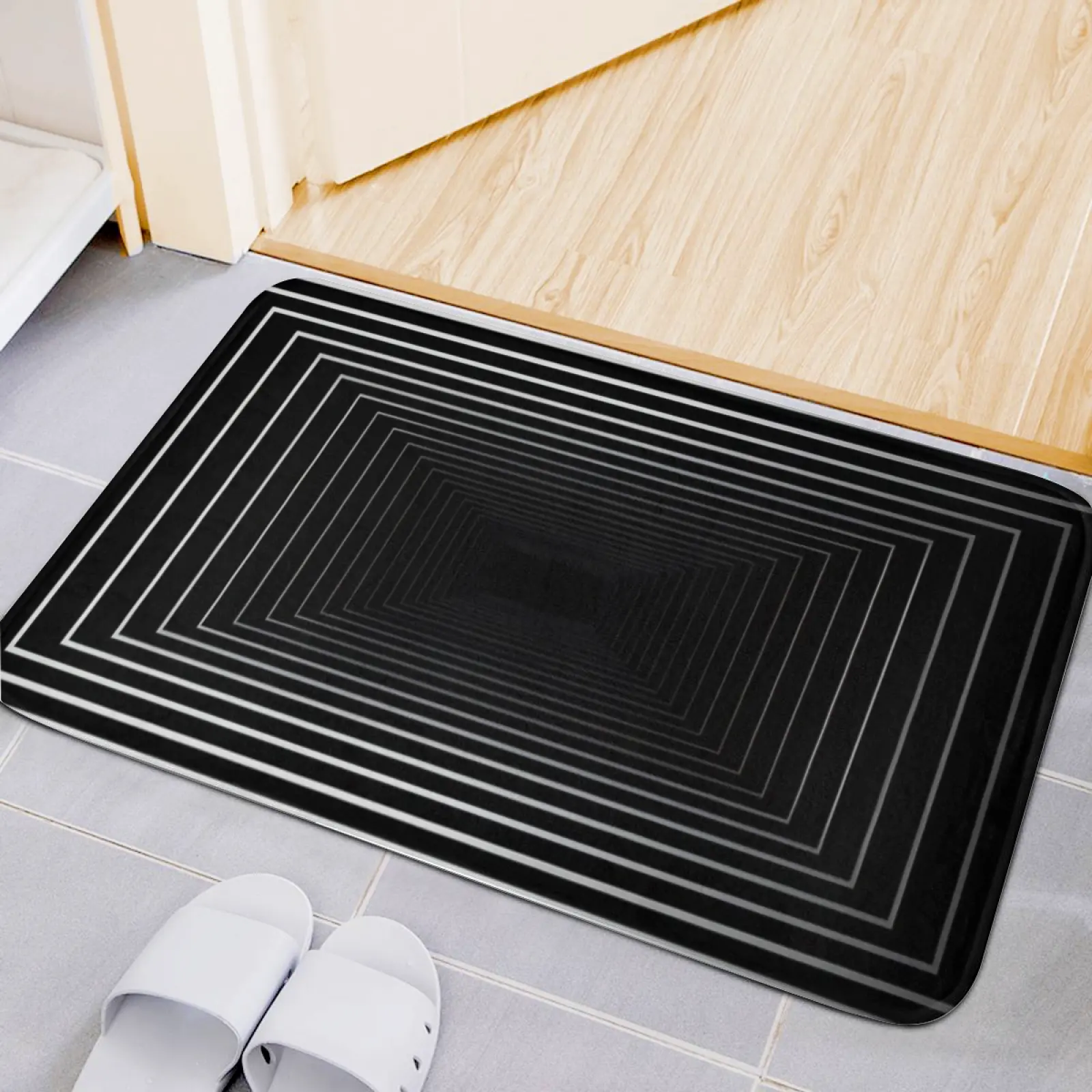 Black Geometric Flannel Bath Mat 16×24in, Modern 3D Optical Illusion Rug, Soft Microfiber Floor Mat, Non Slip Bathroom Kitchen Door Mat for Home Decor Absorbent Cozy