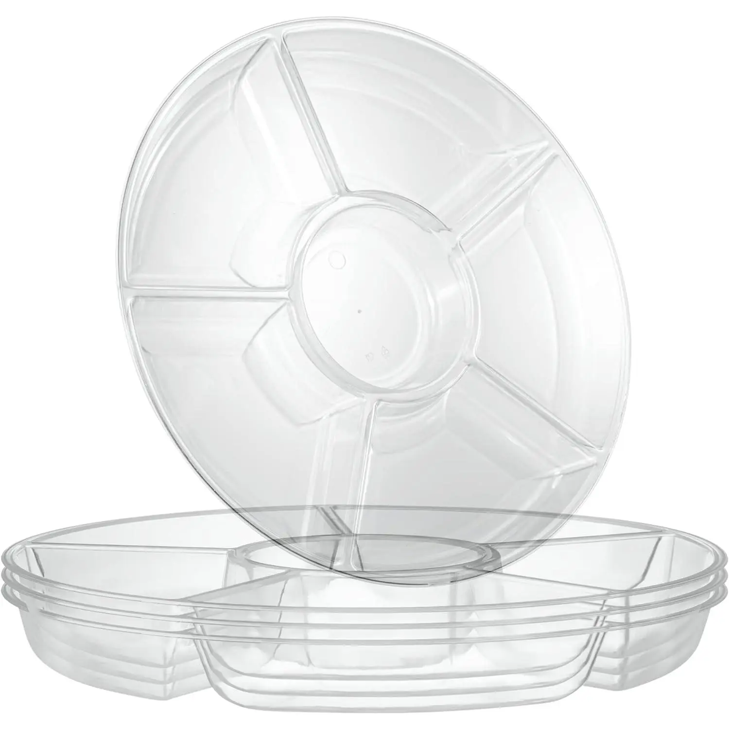 Plasticpro BPA-Free 12" Hard Plastic 6-Divided Sections Round Serving Tray-Platters, Clear, Pack of 2, Kitchenware Plate Set for Birthdays, Outdoor Parties