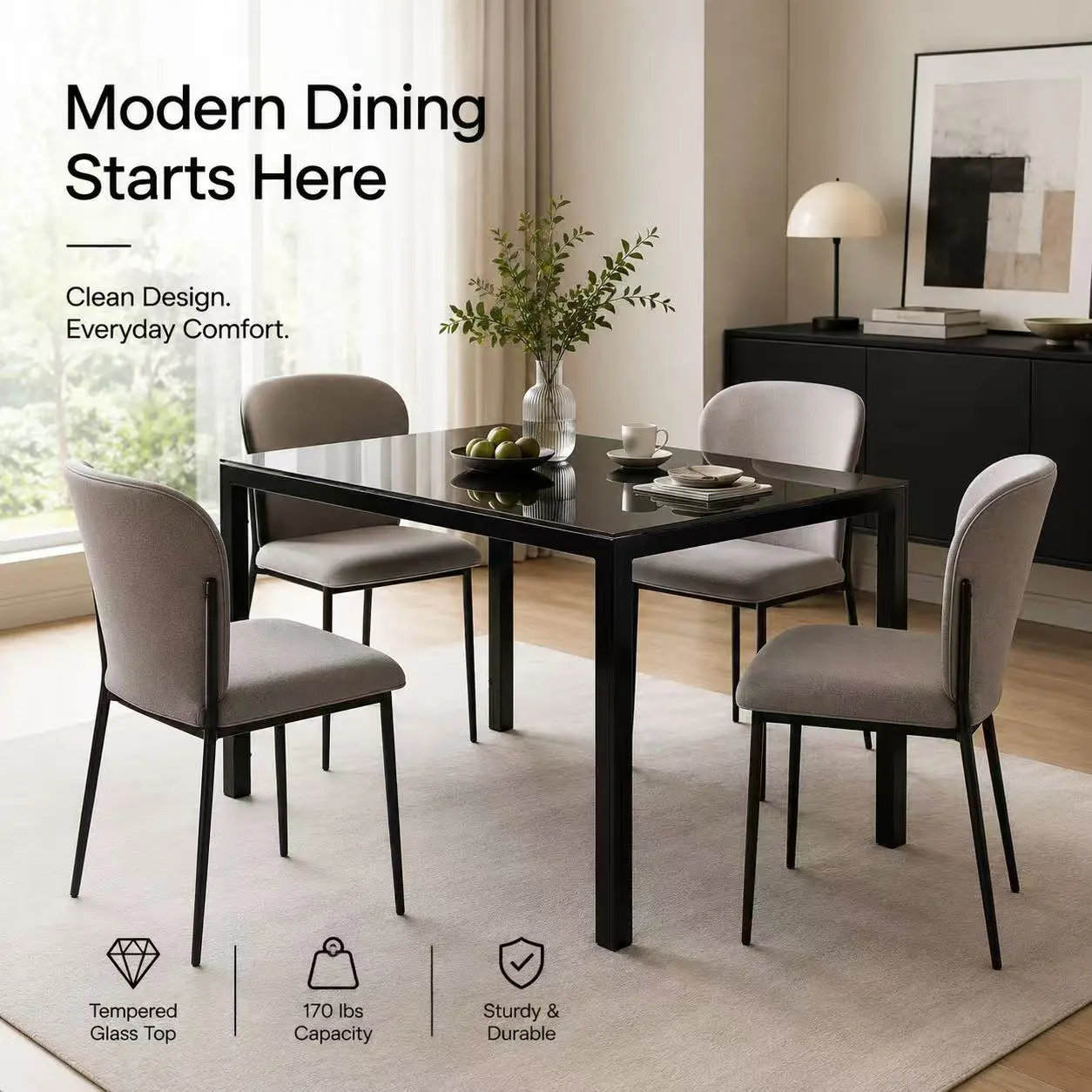 Black 4-Seater Rectangular Tempered Glass Dining Table 120.02×70×74.93cm Modern Minimalist Metal Frame Small Kitchen Dinner Table for Apartment Condo Small Space Family Daily Meal Compact Luxury Dining Furniture