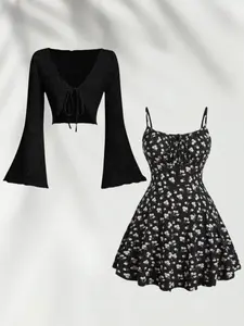 Summer Sun Protection Breathable Long Sleeve Shirt, Elegant Floral Tie Front A-Line Dress Set, Sweet Style Two-Piece, Casual Fit Dress