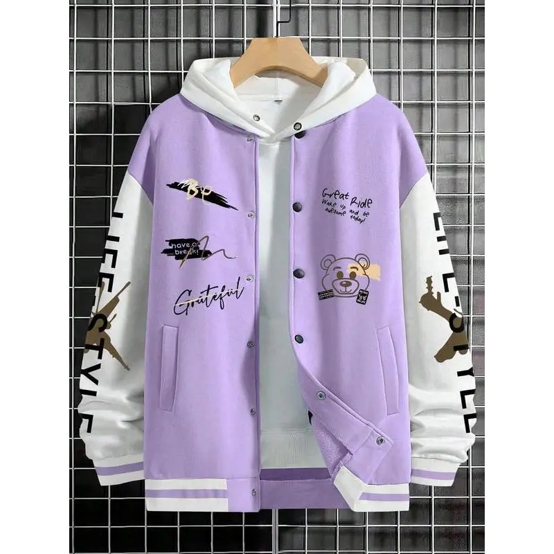 2026 Men's Bear Cartoon & Letter Print Varsity Jacket Drop Shoulder Loose Casual Preppy Style Long Sleeve Pocket Button Front Outerwear, Men's Casual Jacket, Autumn Spring, Lightweight