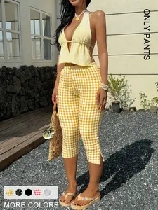 Women's Plaid Capri Pants, Casual Summer Side Slit Slim Fit, Mid Waist Below the Knee, Perfect for Daily & Beach Vacations