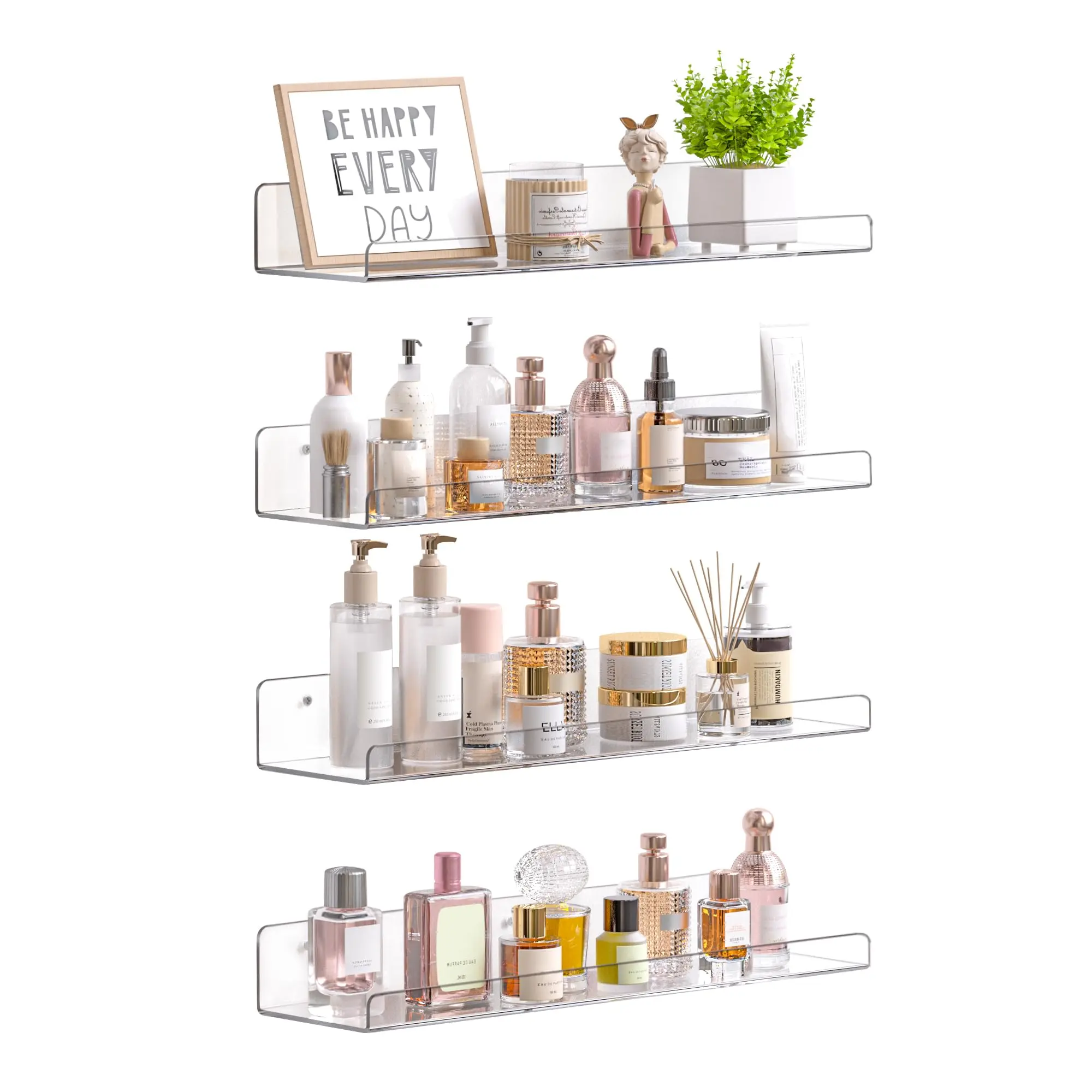 Acrylic Shelves for Wall Decor, 15" Display Shelf Perfume Organizer for Bathroom, Bedroom, Living Room, Floating Bookshelves for Kids, White, 4 Pack