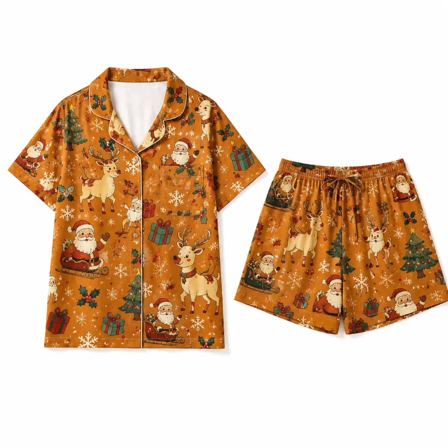 Women's Christmas Print Pajama Set, Short-Sleeve Button-Front Top and Drawstring Shorts, Festive Sleepwear