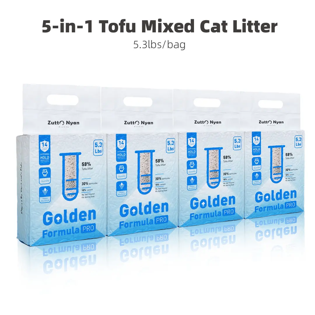 ZuttoNyan 5-in-1 Natural Clumping Tofu Mixed Cat Litter, 5.3lbs/bag, Baking Soda Deodorizer, Highly Absorbent, Fast Clumping, Dust-Free, Low Tracking, Flushable, Non-Sticking, Universal, Tofu-Bentonite-Cassava Plant-Based