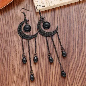 1 Pair Hollow out black tassel long crystal moon earrings with hook earrings