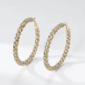 Gold-Tone Sparkly Rhinestone Hoop Earrings for Women, 2.56in Large Statement Crystal Bling Hoops for Wedding, Party, Prom, Gown Outfit Accessories