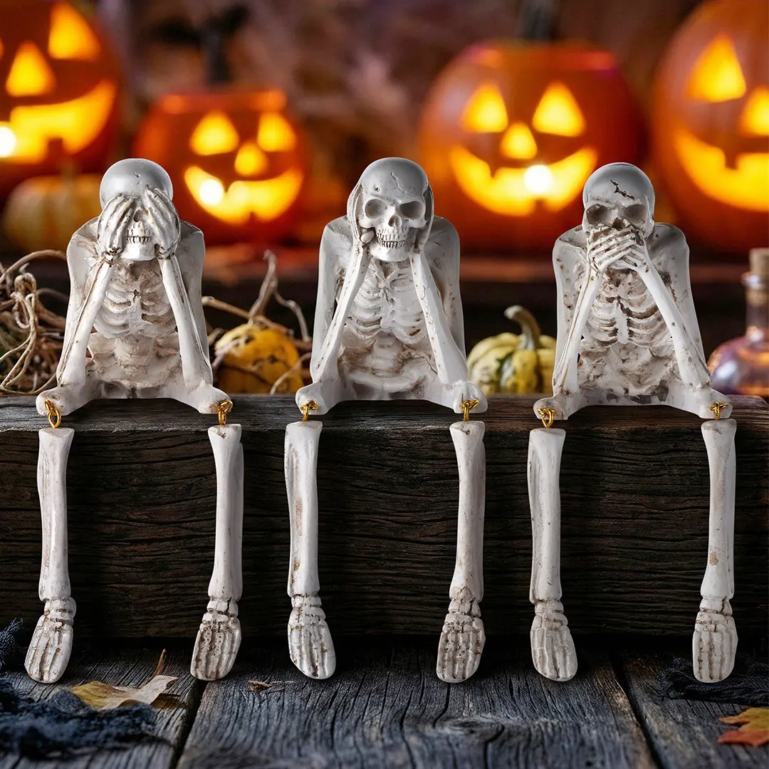 3PCS See Hear Speak No Evil Skeleton Shelf Sitters Halloween Gothic Decor,Funny Hanging Skeleton Figurines,Resin Skull Figurines for Home Mantel Living Room Office