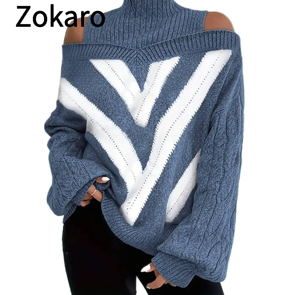 Plus Size Off-Shoulder Cable Sweater |   Striped Grey & White Pullover for Spring/Fall |   Cozy Casual Outfit, Trendy Knitwear, Ideal for Relaxing or Outings