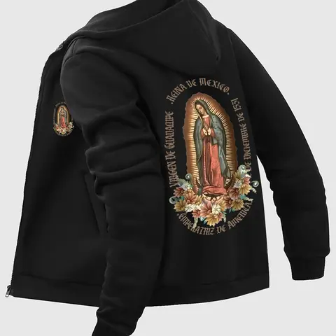Men's Guadalupe Print Zip Up Hoodie, Casual Regular Fit Long Sleeve Hooded Sweatshirt for Fall & Winter, Men's Top for Daily Wear, Flower Hoodies