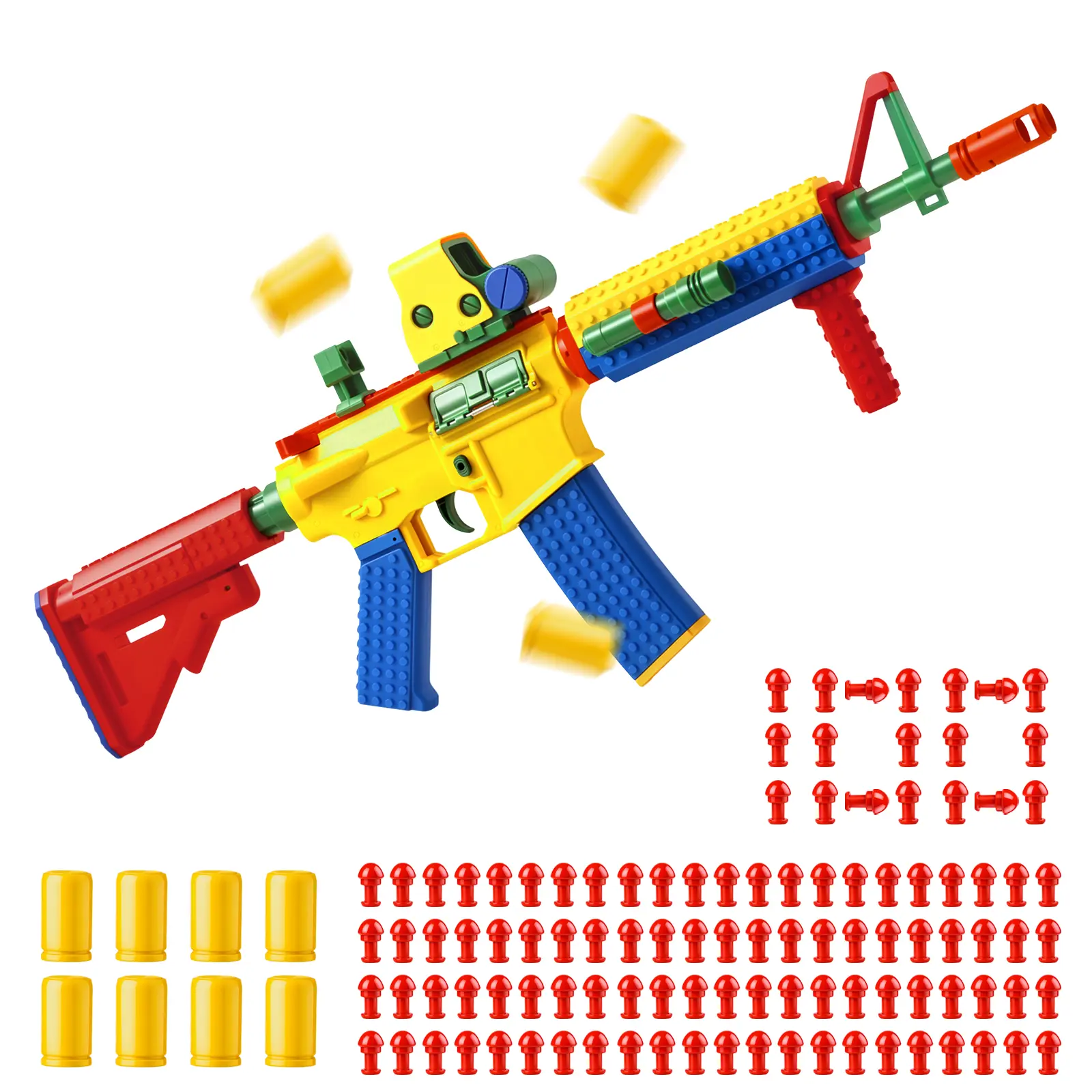 JINGJOY Building Block Shell-Ejecting Toy Blaster, Modular 8-Round Toy with 8 Reusable Shells, 100 Projectiles, 4-Position Adjustable Stock, No Batteries, Ages 14+
