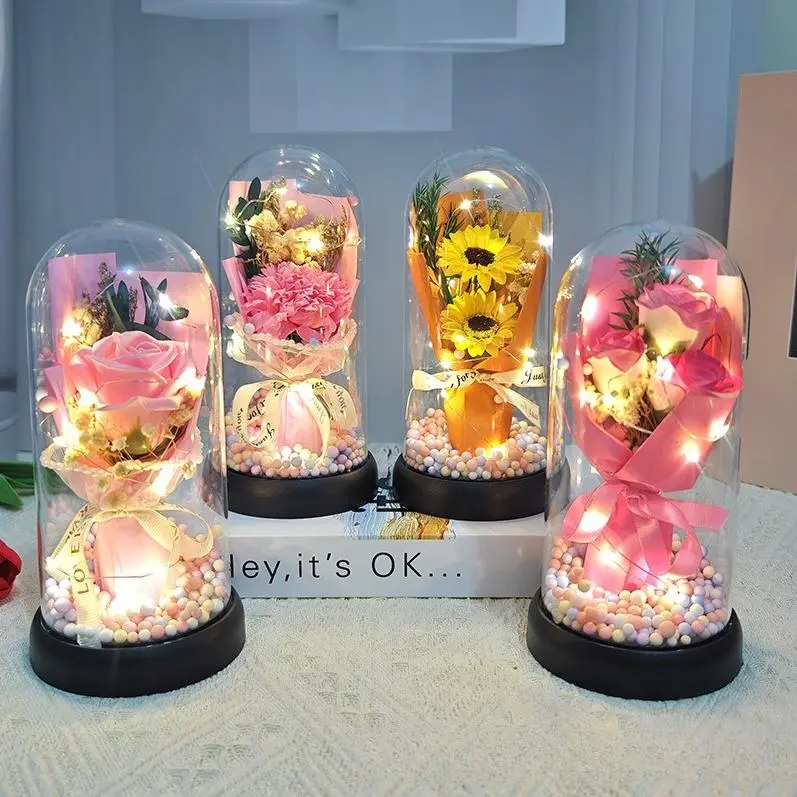 Lighted Acrylic Dome Eternal Flower Bouquet - Preserved Rose, Carnation & Tulip Bouquet Flowers, Room Decor Instant Centerpiece Decor with Glow That Adds Ambiance at Night, Unisex Mom Gift for Valentine Home Festive Party Supplies
