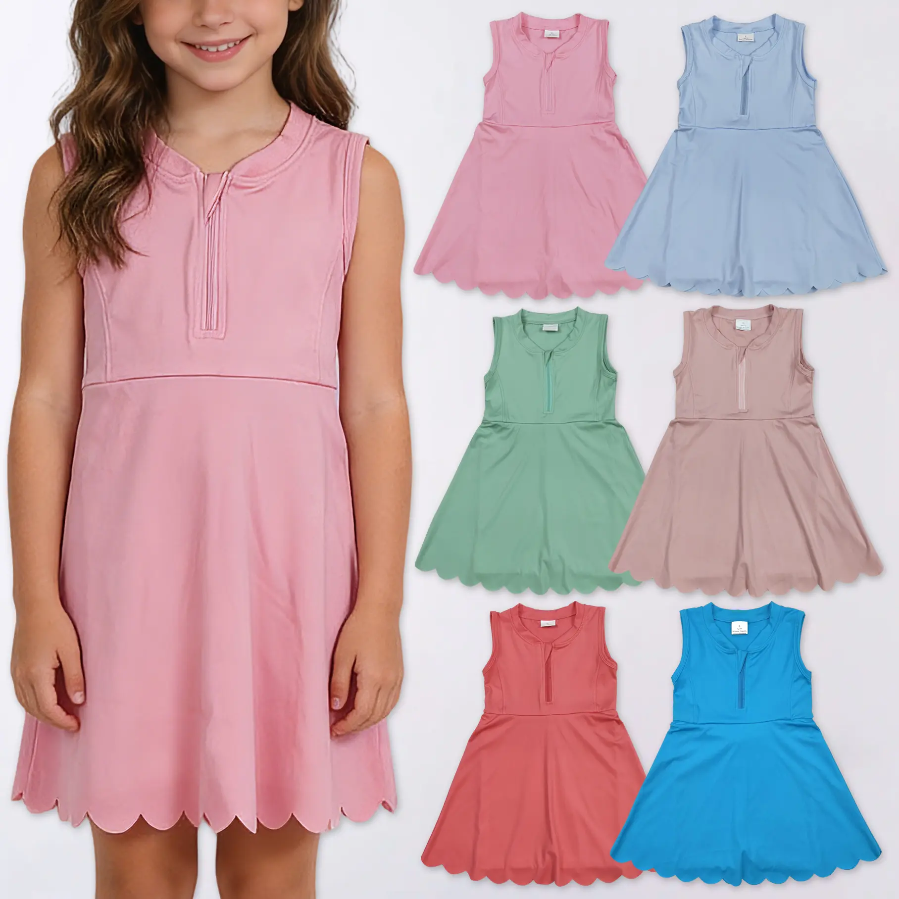 Girls' Athletic Sleeveless Solid Color Dress, Fitted Modest Casual Dresses with Sporty Chic Style