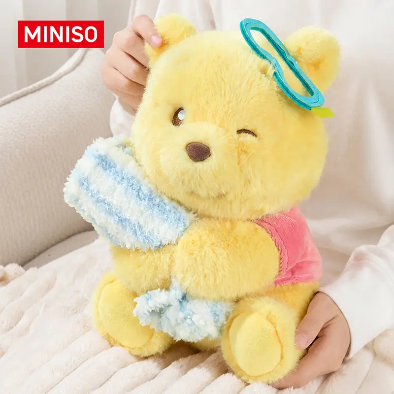 MINISO Cute Disney Winnie the Pooh Summer Collection Sitting Plush Towel! Soft fluffy bear doll, great home decor, adorable collection gift for Pooh fans.