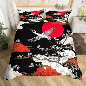 Crane Duvet Cover Twin Size Girls Japanese-Style Bedding Set Girly Cherry Blossoms Pattern Teens Women Comforter Cover Soft Japanese Traditional Pattern Decor Comforter Set with Zipper Ties