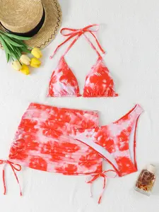 Women's Bikini Three-Piece Set, Floral Pattern Beach Vacation, Fashion Summer Clothing, Perfect Travel Wear, Floral Print Bikini, Bikini Sets, Floral Print Swimsuits